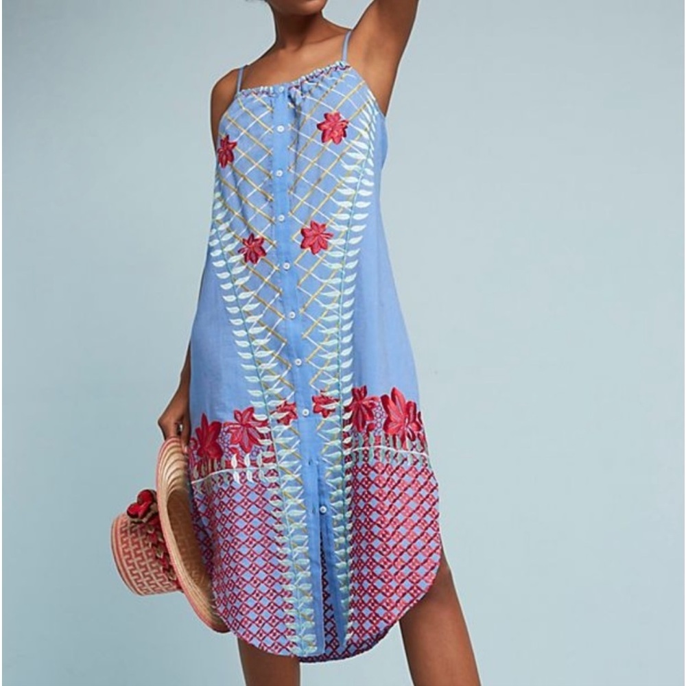 Anthropologie Lilka Estina Women’s Embroidered Tank Button Front Midi Dress Boho